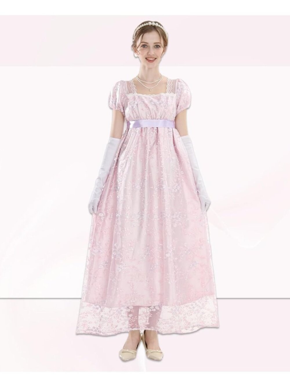 Golden Regency 1800s Lace Victorian Bridgerton Dress Pink Mauve Ball Gown US XL